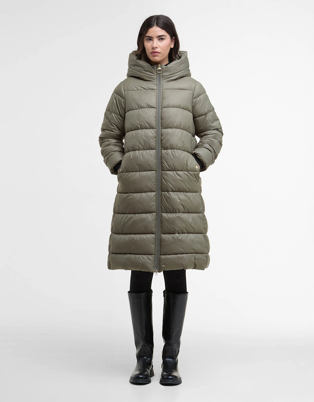 Women's Barbour International Olivios Womens Longline Puffer Jacket - Dusky Khaki - Grey - Size: 8