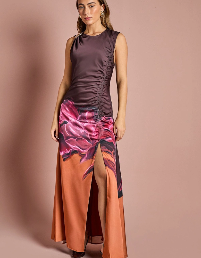Ruched Detail Placement Print Satin Midi Dress