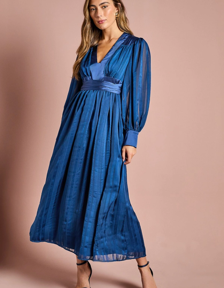 Long Sleeve Stripe Jacquard Maxi V Neck Dress
