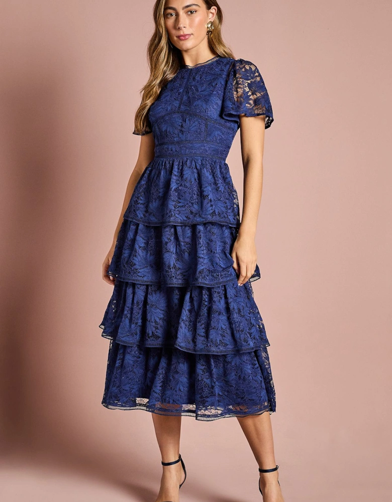 Petite Tiered Lace Dress With Flutter Sleeve & Trims