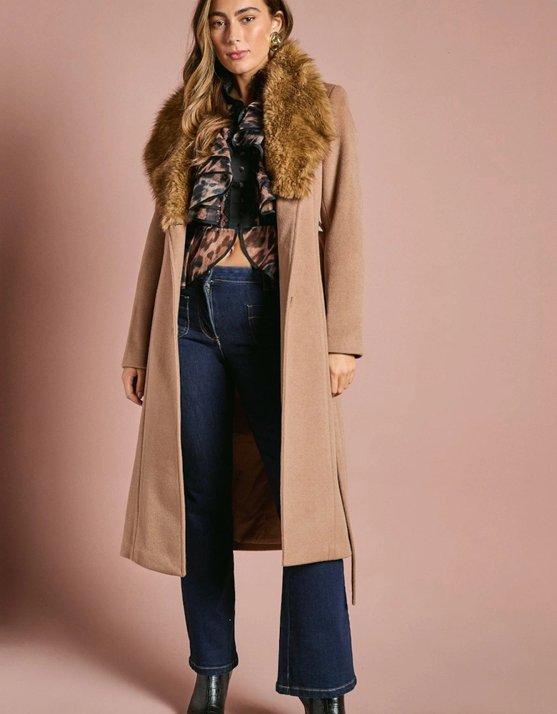 Fur Collar Occasion Belted Midi Coat