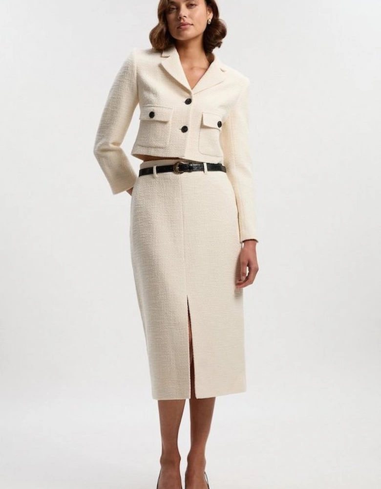 Petite Textured Tweed Pocket Front Tailored Cropped Jacket