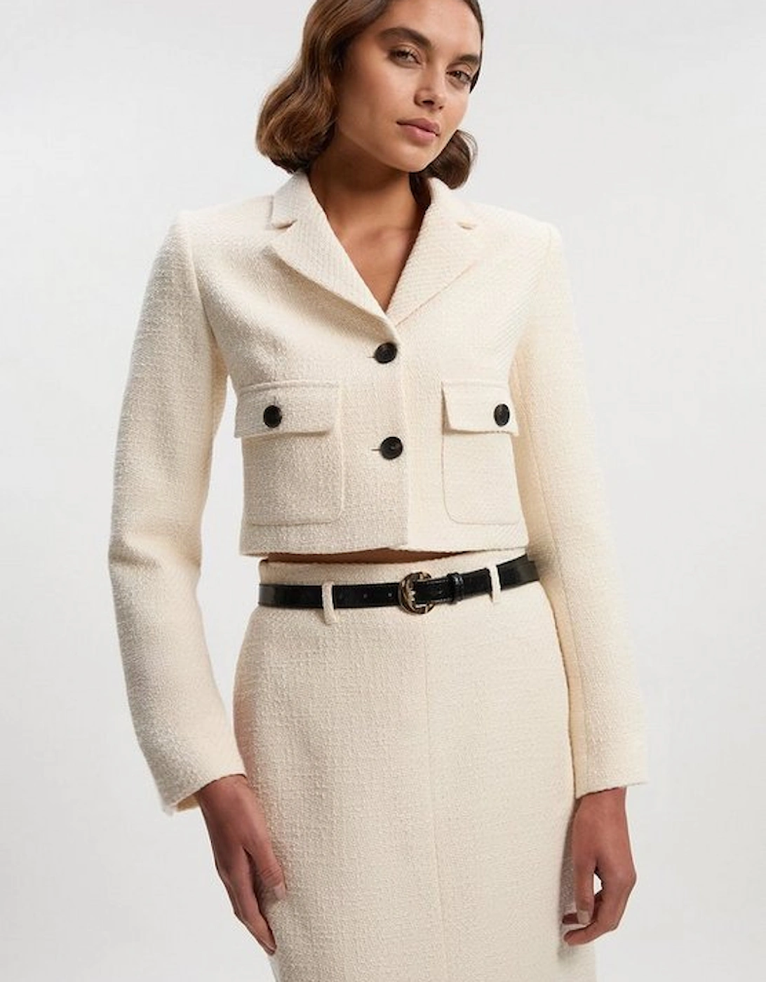 Petite Textured Tweed Pocket Front Tailored Cropped Jacket, 4 of 3