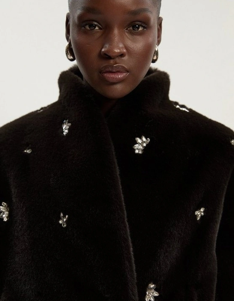 Crystal Embellished Faux Fur Short Coat