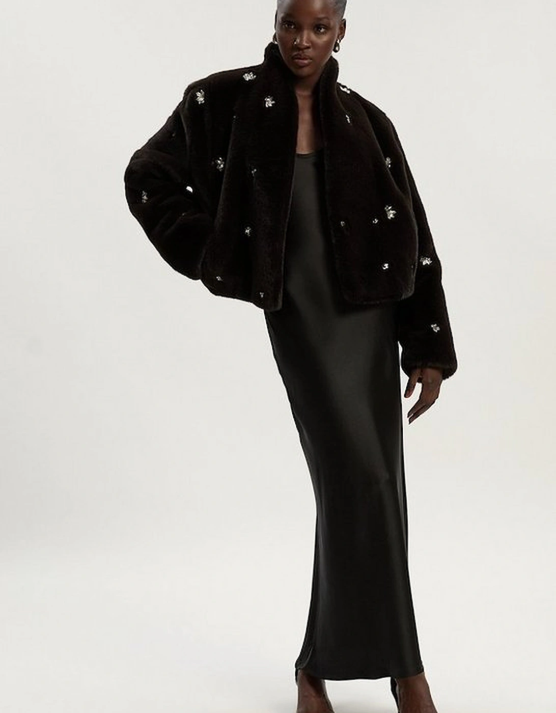 Crystal Embellished Faux Fur Short Coat