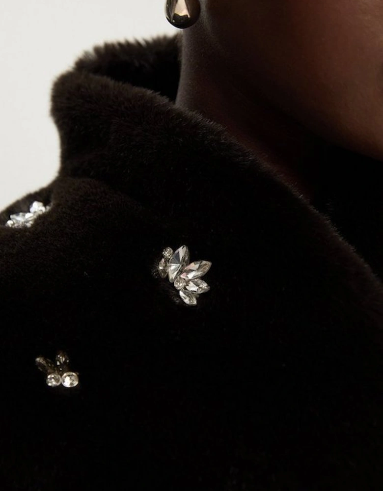 Crystal Embellished Faux Fur Short Coat
