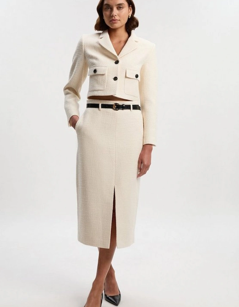 Petite Textured Tweed Belted Tailored Pencil Skirt