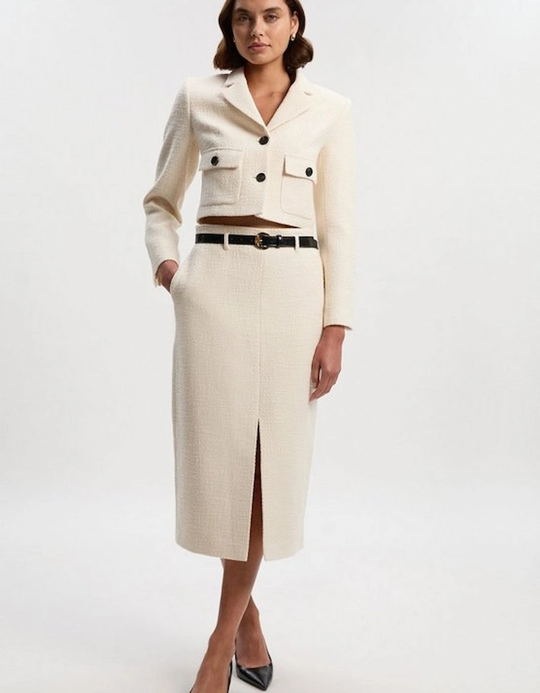 Petite Textured Tweed Belted Tailored Pencil Skirt, 4 of 3