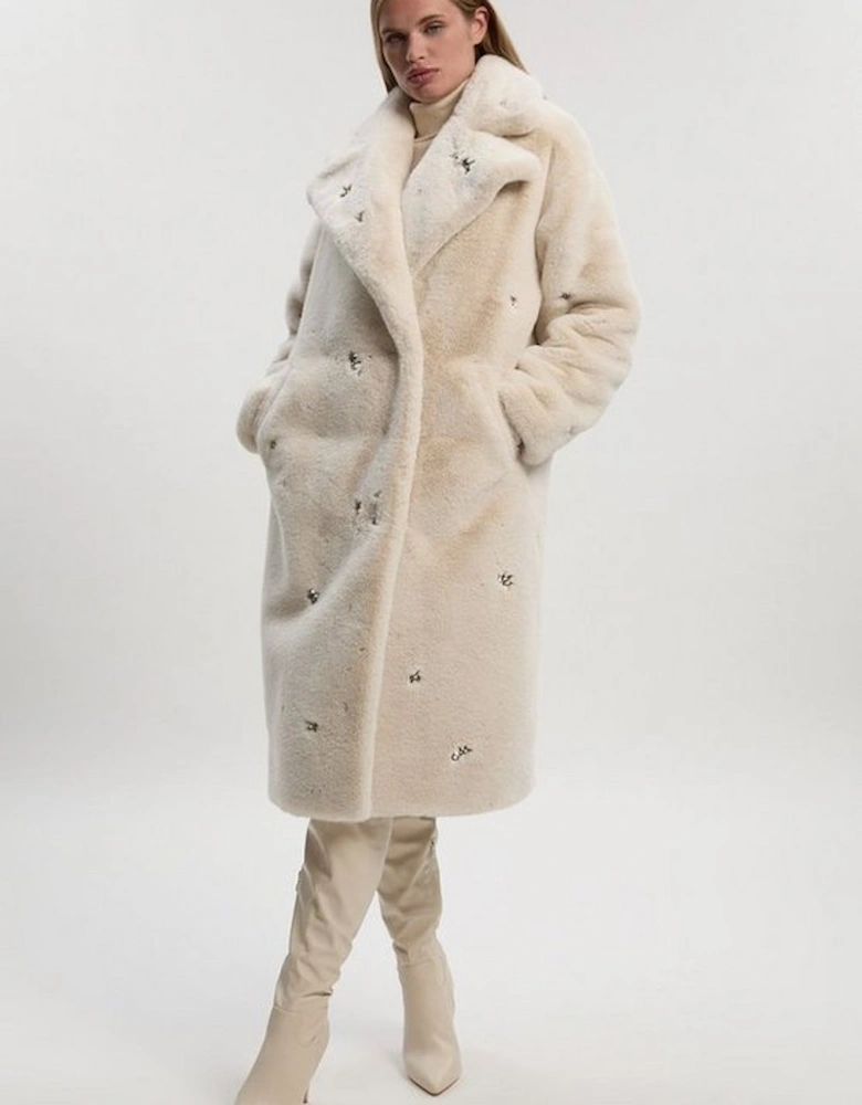 Crystal Embellished Faux Fur Long Coat