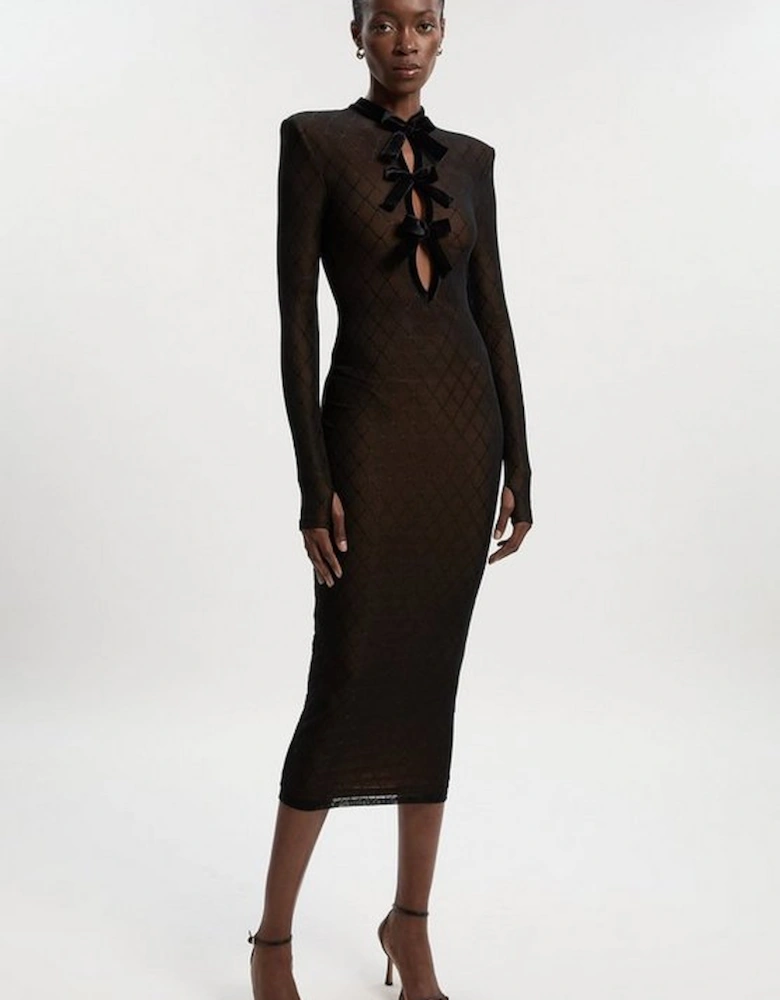 Mesh With Velvet Bow Trim Detail Long Sleeve Midi Dress