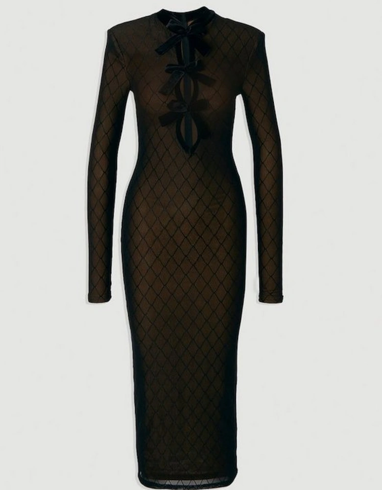 Mesh With Velvet Bow Trim Detail Long Sleeve Midi Dress