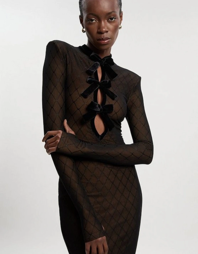Mesh With Velvet Bow Trim Detail Long Sleeve Midi Dress