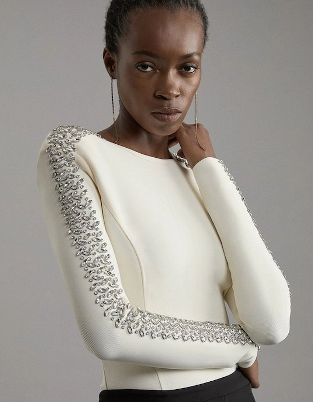 Petite Figure Form Bandage Knit Embellished Top, 2 of 1