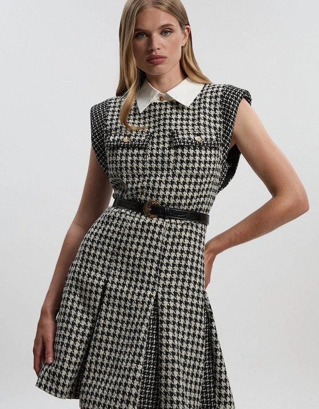 Tall Textured Tweed Contrast Collar Pleated Tailored Mini Dress, 4 of 3