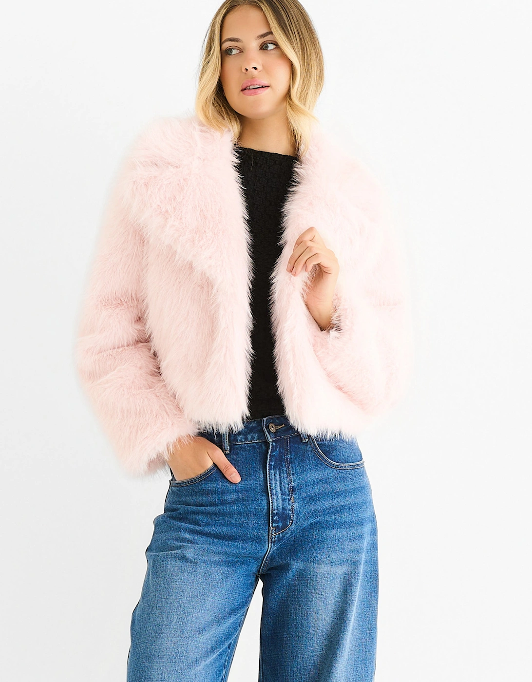 Pink Faux fur lapel Short jacket