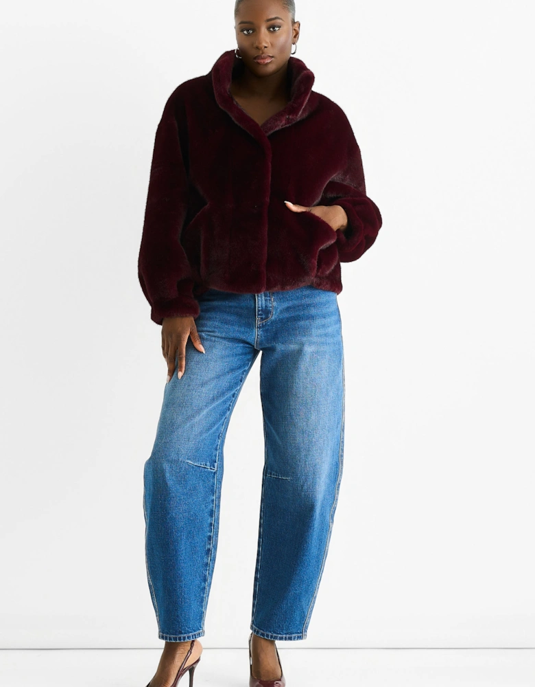 Angora Red Funnel Neck Button Up Faux Fur Jacket