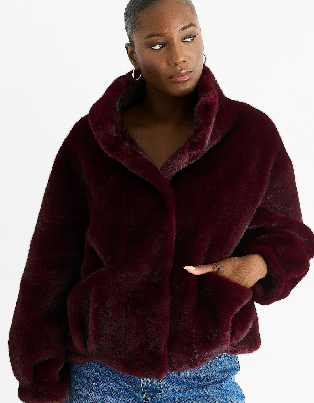 Angora Red Funnel Neck Button Up Faux Fur Jacket