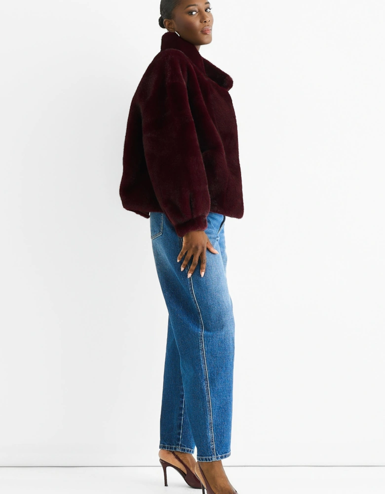 Angora Red Funnel Neck Button Up Faux Fur Jacket