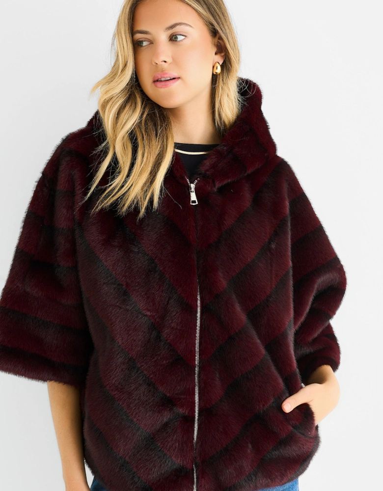 Burgundy Hooded Chevron Faux Fur Cape Jacket