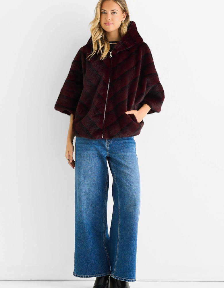 Burgundy Hooded Chevron Faux Fur Cape Jacket