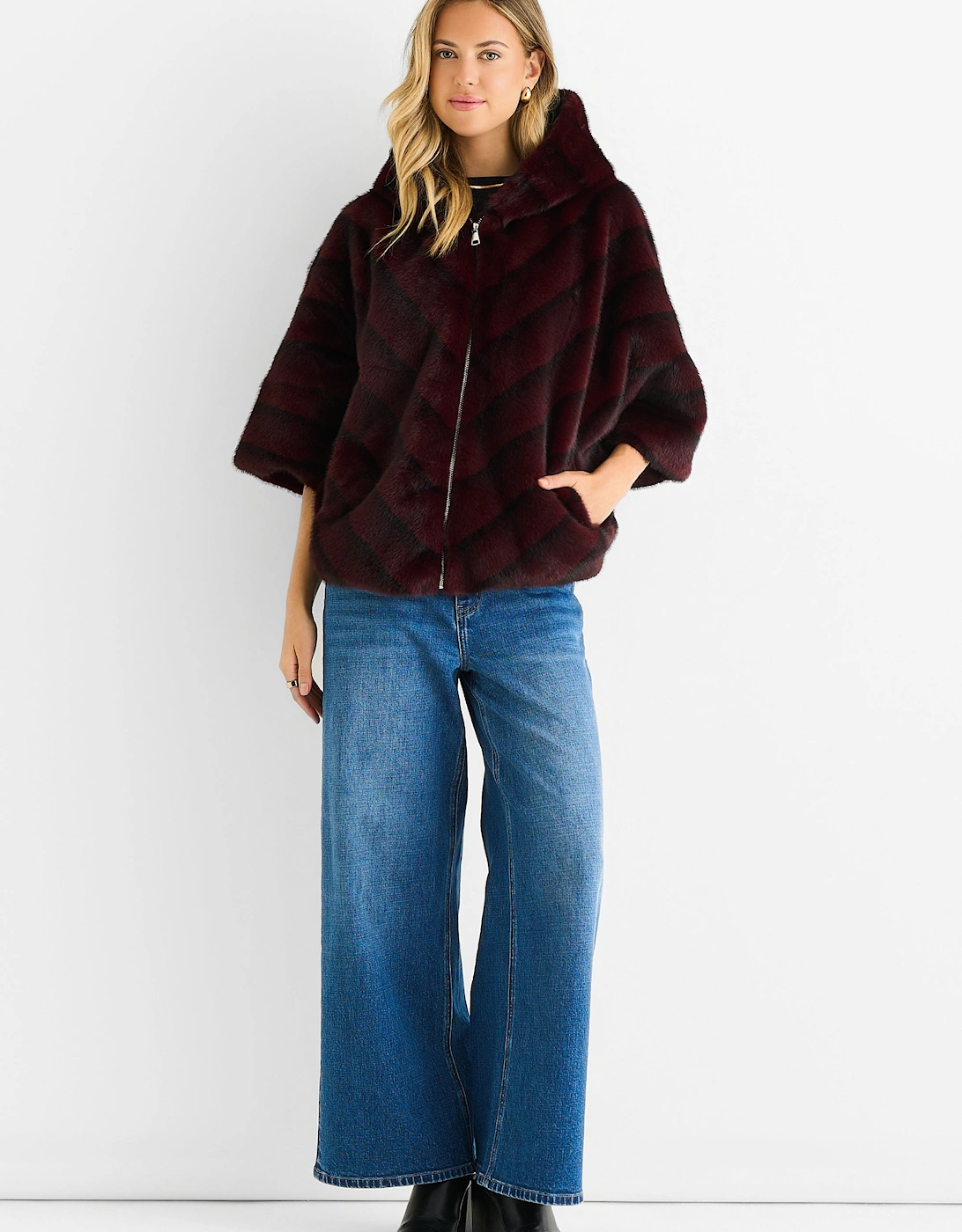 Burgundy Hooded Chevron Faux Fur Cape Jacket, 5 of 4