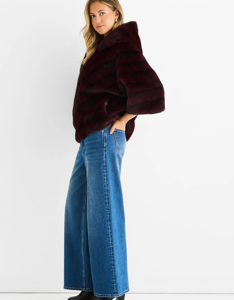 Burgundy Hooded Chevron Faux Fur Cape Jacket