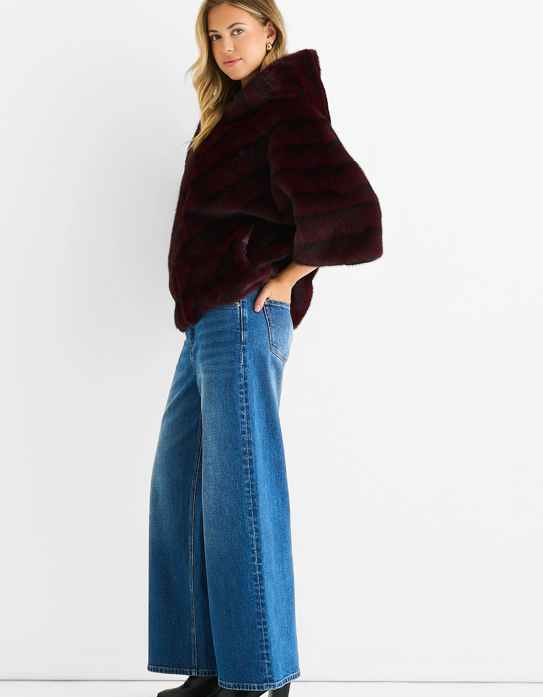 Burgundy Hooded Chevron Faux Fur Cape Jacket