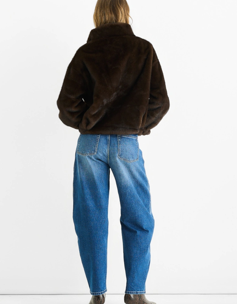 Coffee Funnel Neck Button Up Faux Fur Jacket