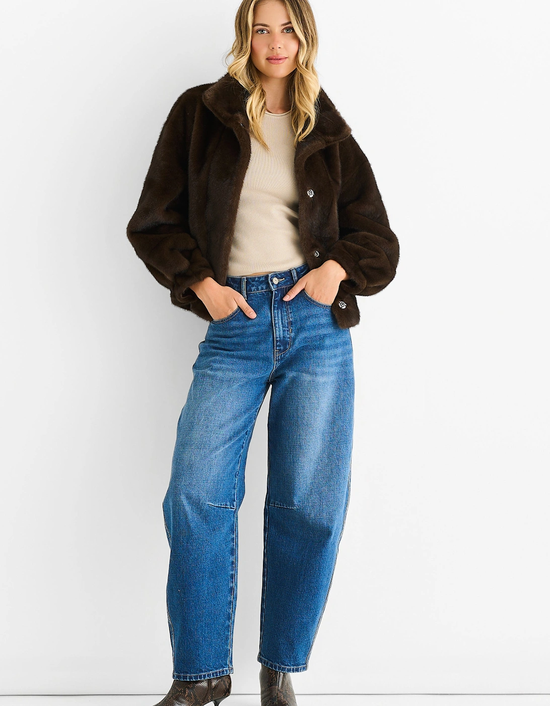 Gini London Women's Brown Coffee Funnel Neck Button Up Faux Fur Jacket - : 8/10 Size 8