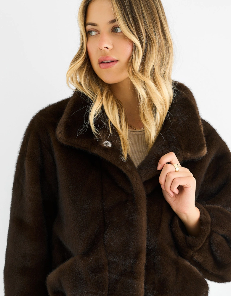 Coffee Funnel Neck Button Up Faux Fur Jacket