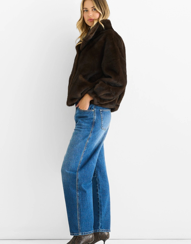 Coffee Funnel Neck Button Up Faux Fur Jacket