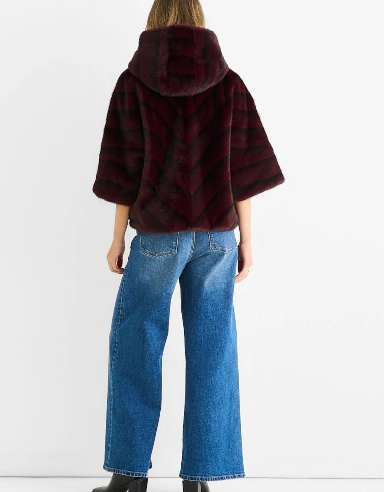 Burgundy Hooded Chevron Faux Fur Cape Jacket