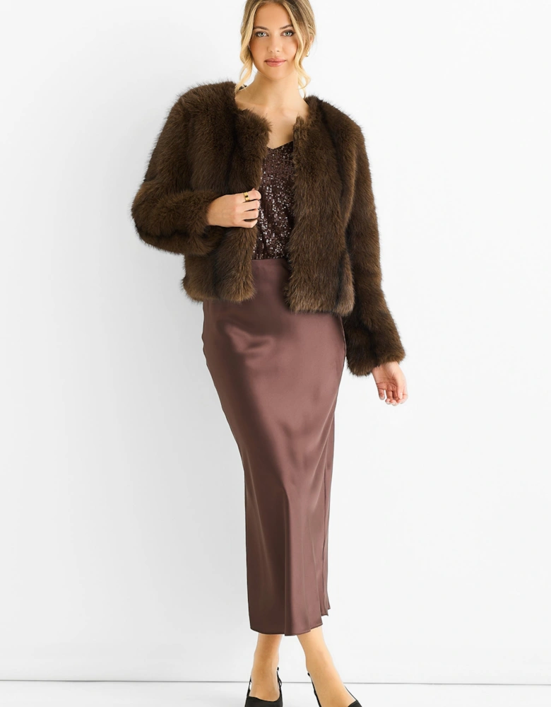 Coffee Round Neck Faux Fur Cropped  Jacket