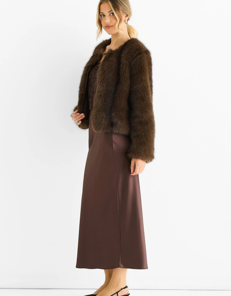 Coffee Round Neck Faux Fur Cropped  Jacket