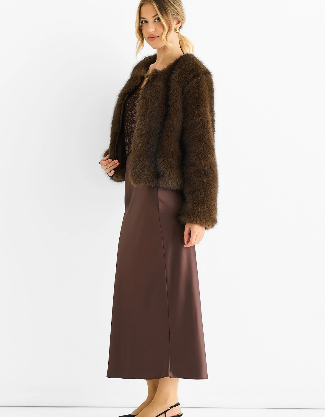 Coffee Round Neck Faux Fur Cropped  Jacket