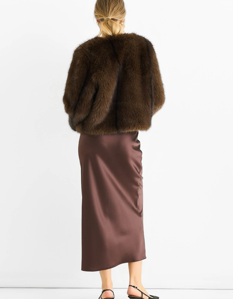 Coffee Round Neck Faux Fur Cropped  Jacket