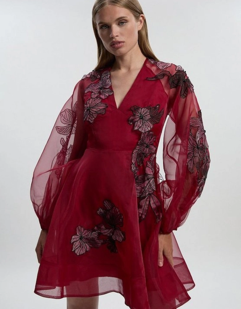 Floral Applique Organdie Woven Balloon Sleeve Mini Dress