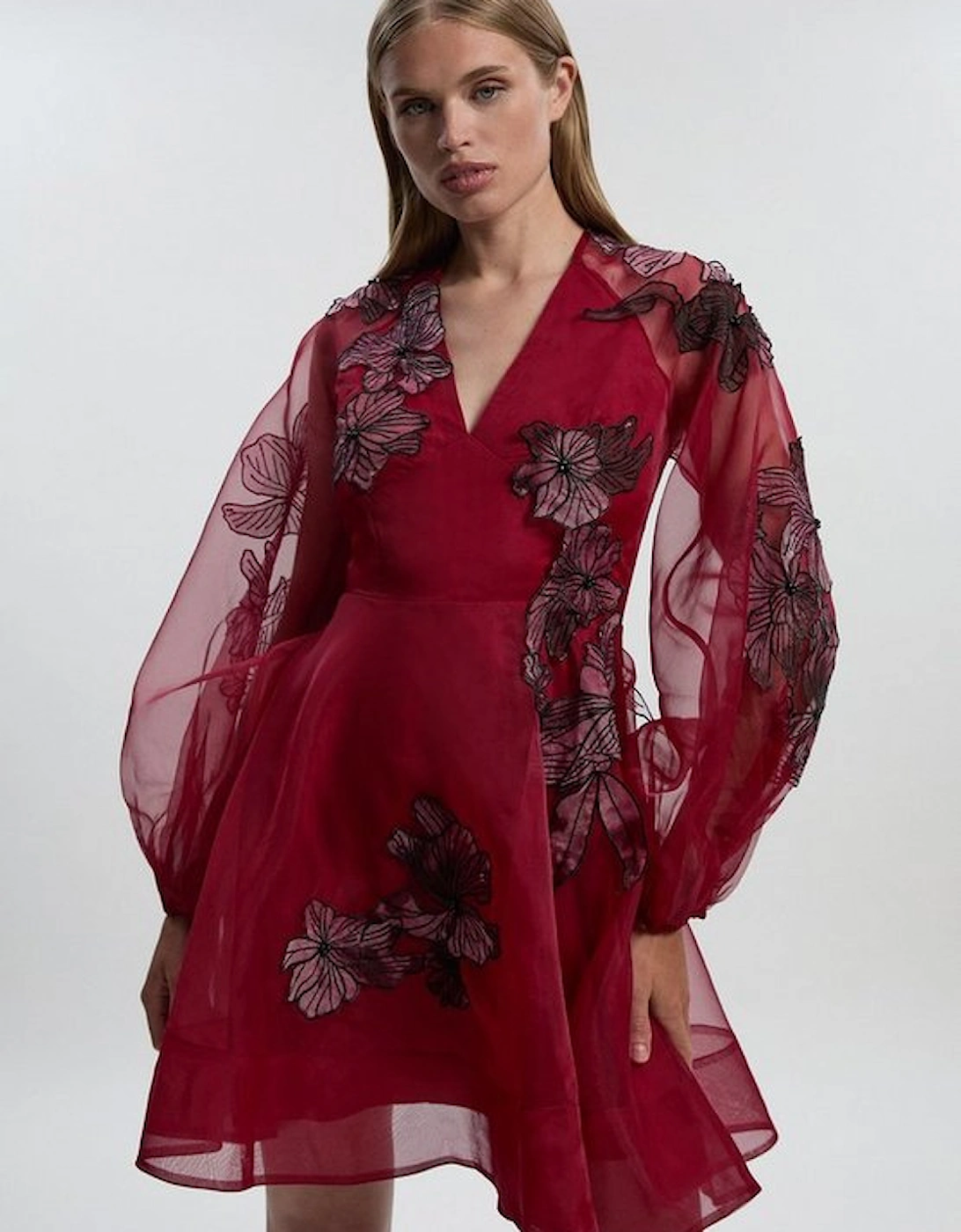 Floral Applique Organdie Woven Balloon Sleeve Mini Dress, 4 of 3