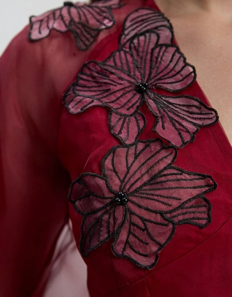 Floral Applique Organdie Woven Balloon Sleeve Mini Dress