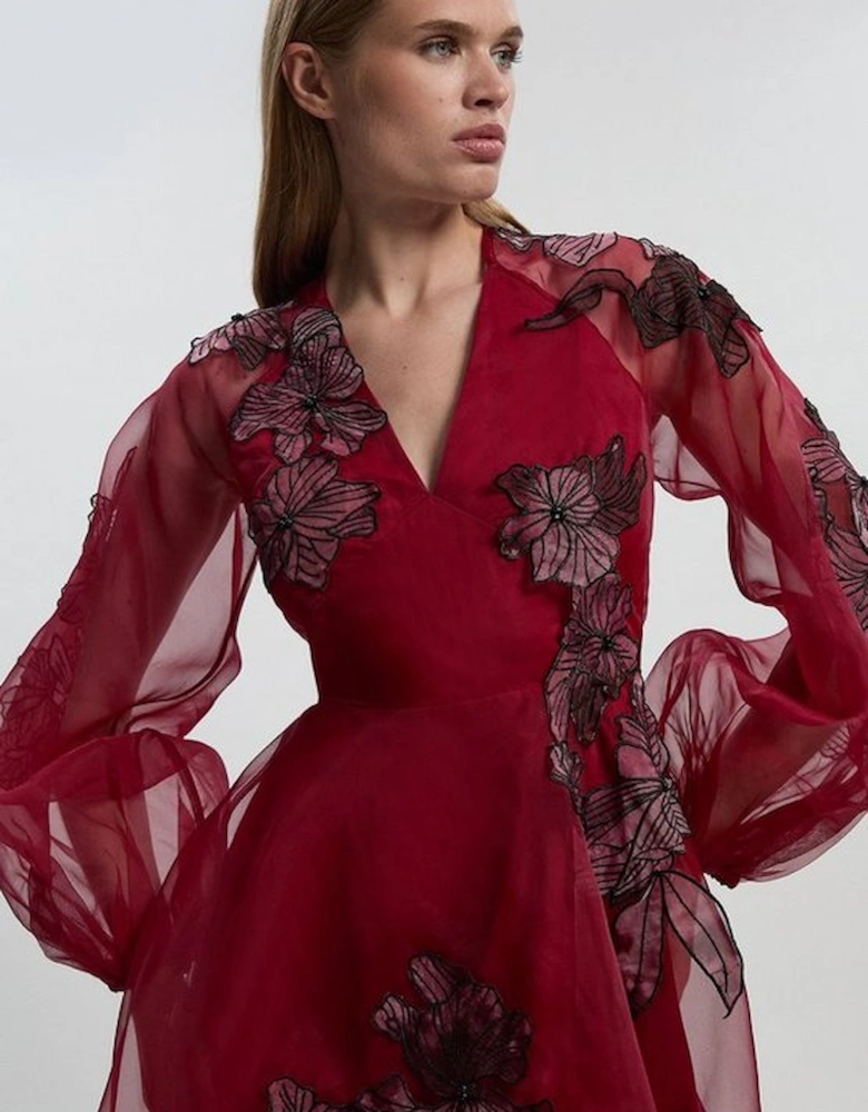 Floral Applique Organdie Woven Balloon Sleeve Mini Dress
