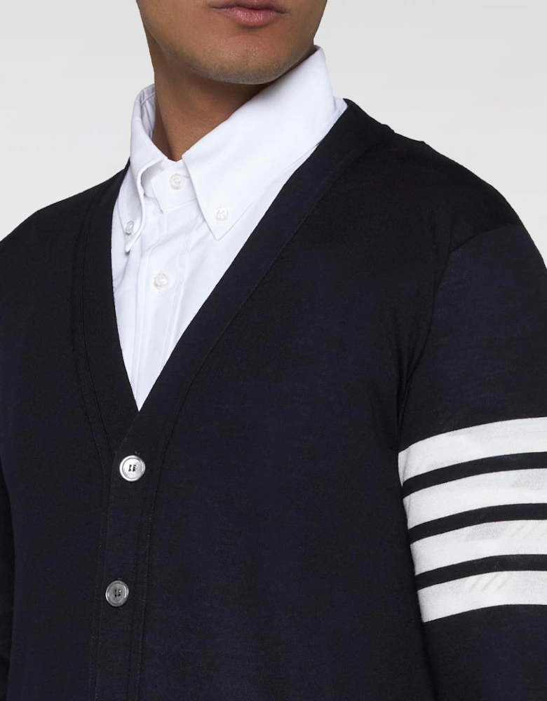 V-Neck Cotton Knit Cardigan with Button Closure and Signature Striped Sleeve