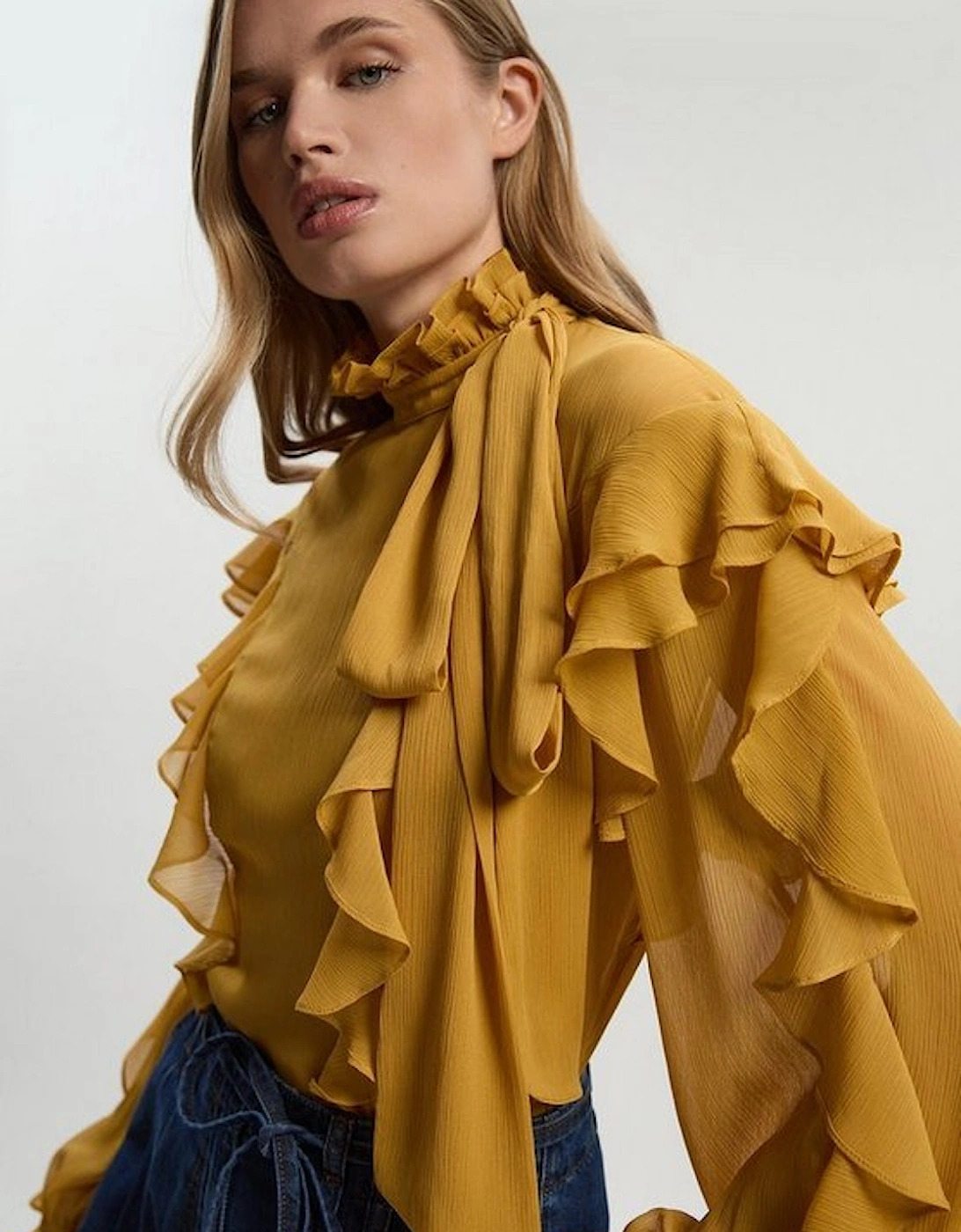 Georgette Ruffle Woven Pussy Bow Blouse