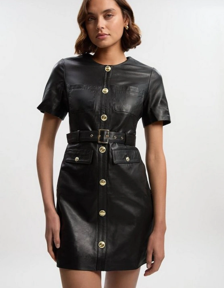 Leather Pocket Belted Mini Dress