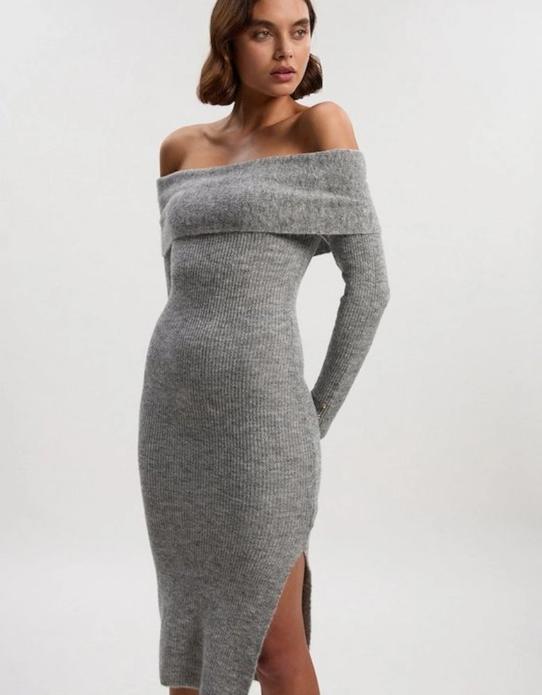 Wool Blend Cosy Bardot Knit Midi Dress