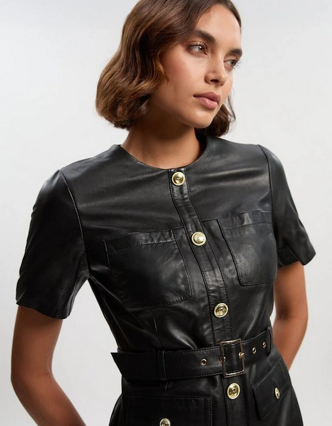 Leather Pocket Belted Mini Dress
