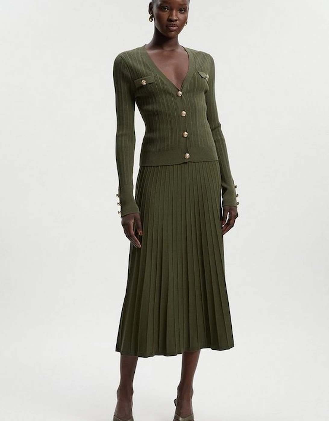 Viscose Blend Dry Handle Rib Military Trim Cardigan