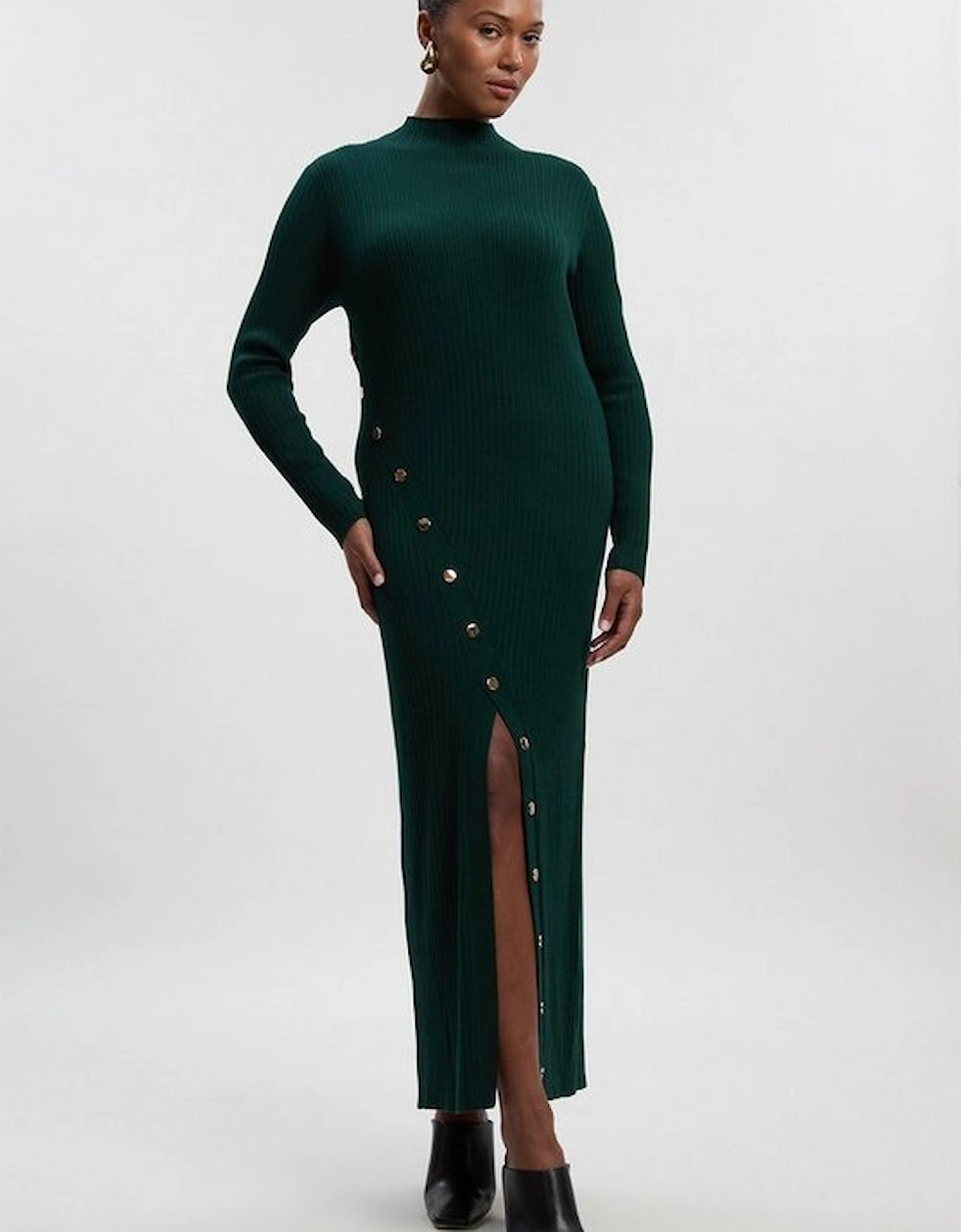 Plus Size Viscose Blend Popper Detail Split Knit Midi Dress