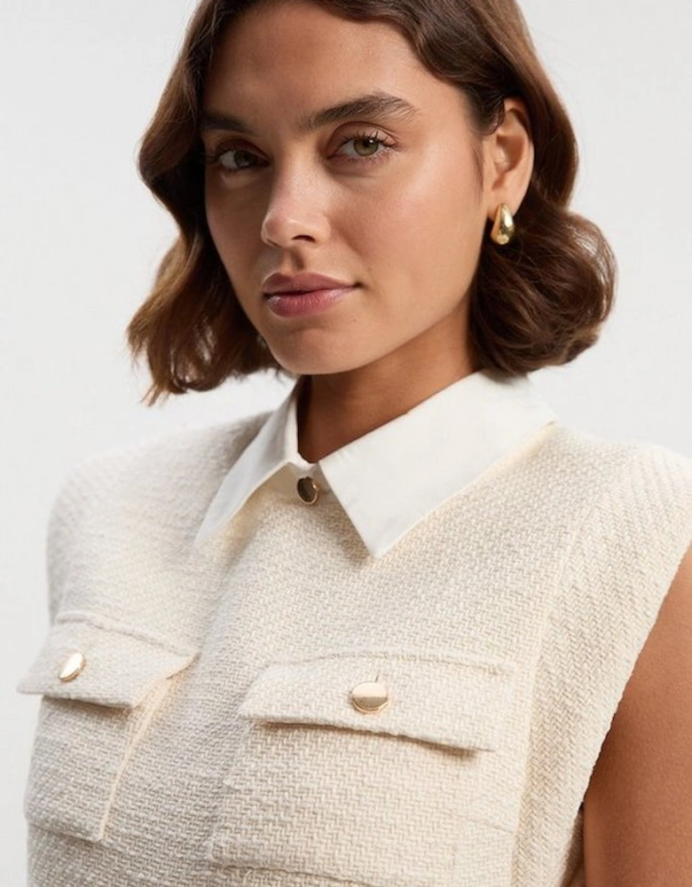 Textured Tweed Contrast Collar Pleated Tailored Mini Dress