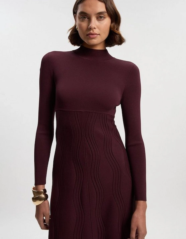 Contrast Wave Knit A-Line Knitted Long Sleeve Dress