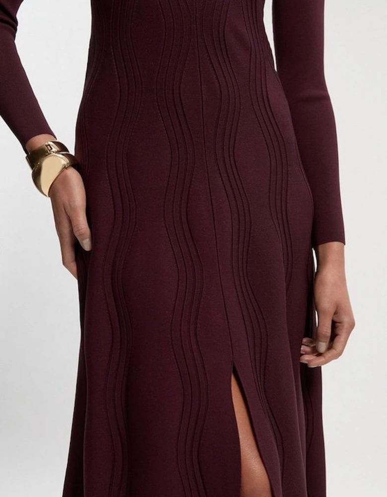 Contrast Wave Knit A-Line Knitted Long Sleeve Dress